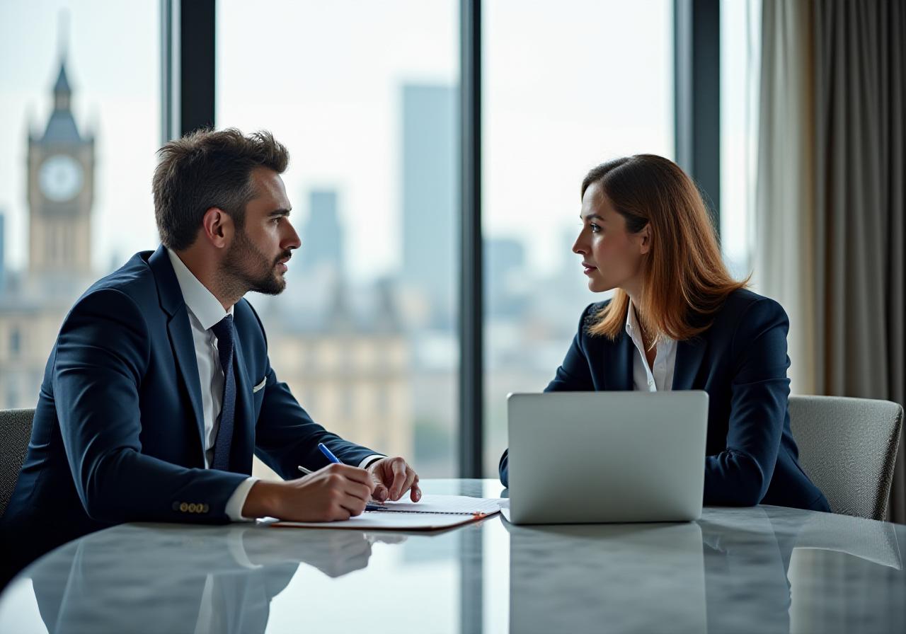 Two professionals in a modern London office engaged in a collaborative legal negotiation
